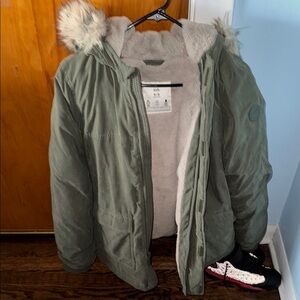 Abercrombie Kids - Khaki Hooded Jacket with Faux Fur Trim